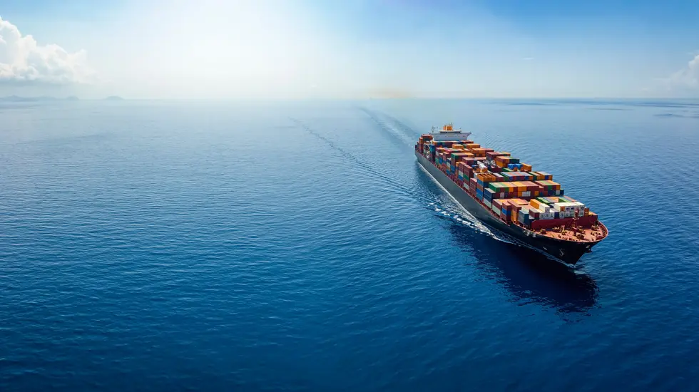 Navio porta-contentores em navegação no oceano