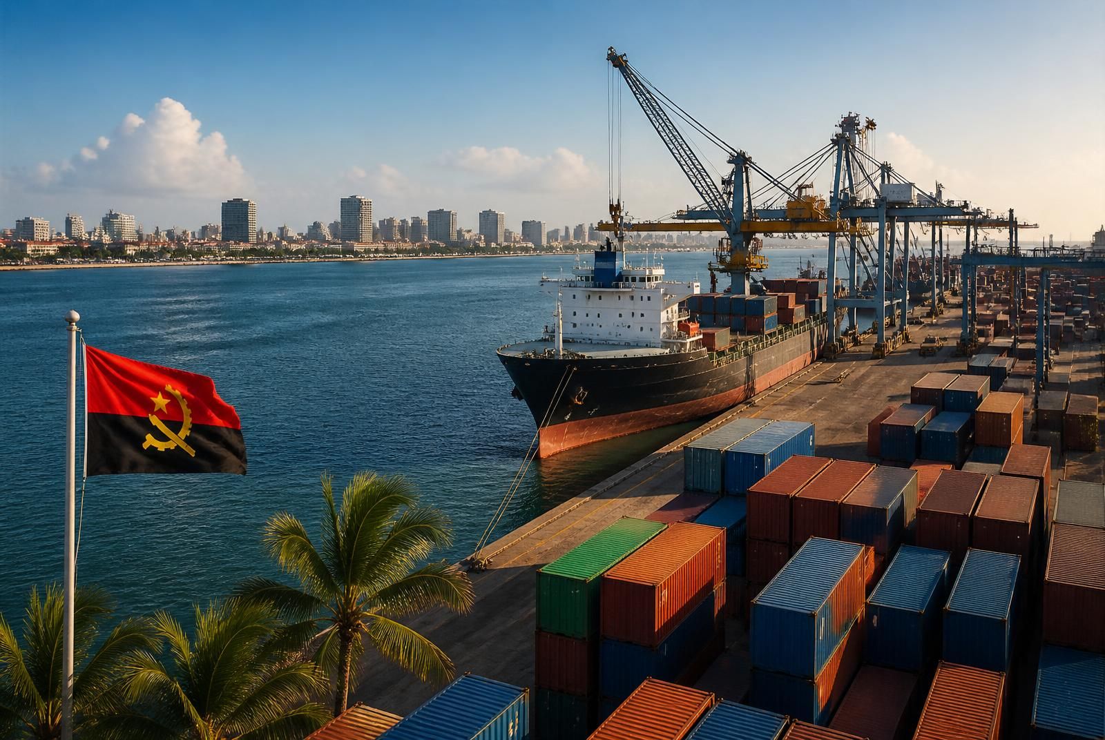 Porto de Luanda em actividade, com gruas e contentores ao amanhecer