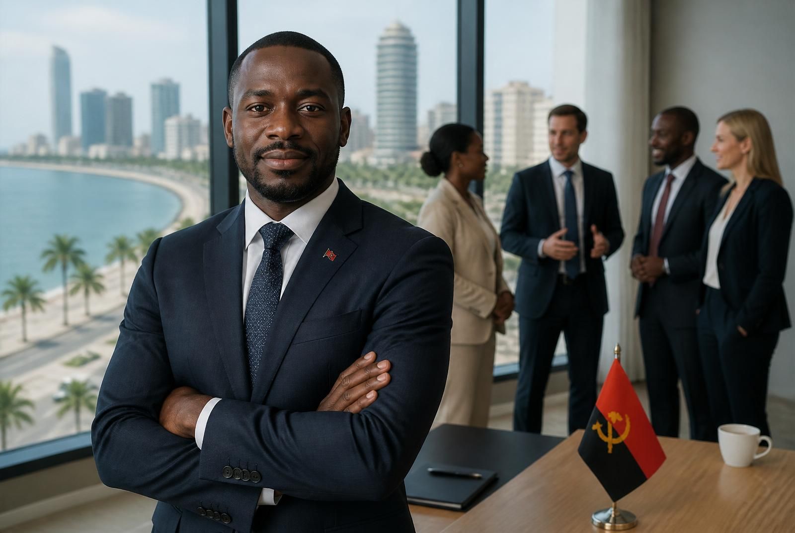 Vista aérea do Porto de Luanda com contentores e gruas, símbolo do padrão internacional das operações da AGH em Angola