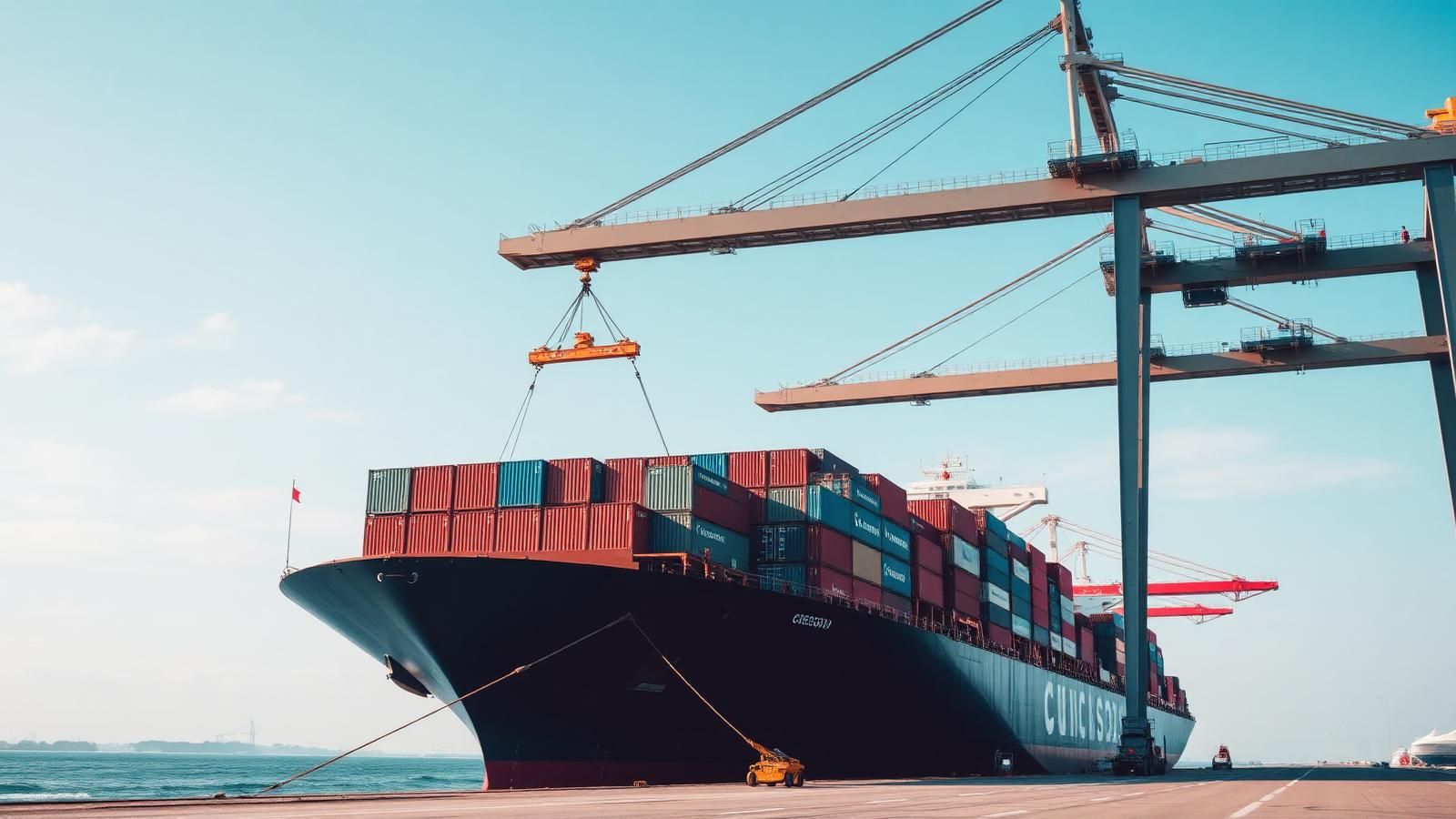 Contentores a serem carregados num navio de carga no porto